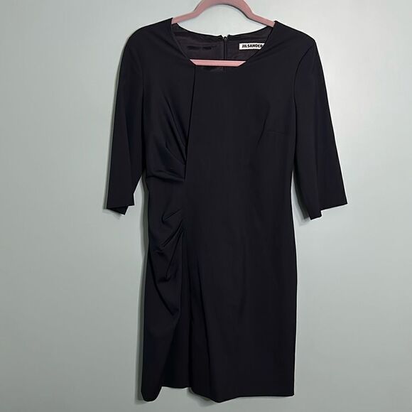 Jil Sander Asymmetric Pleat Sheath Dress Navy Wool Silk Made in Italy